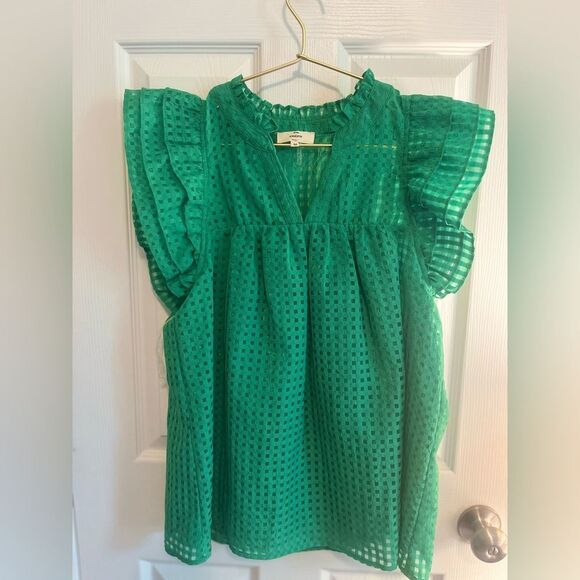 Entro Emerald Eyelet Blouse with Ruffle Sleeves - Picture 2 of 5